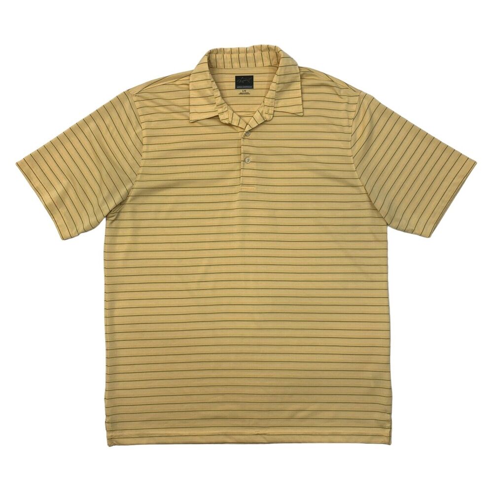 Greg Norman Polo Shirt Mens L Large Yellow Striped Short Sleeve Collared Golf